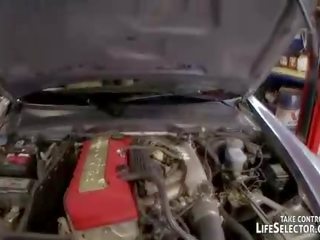 Car mechanic fucks sexy, libidinous babes